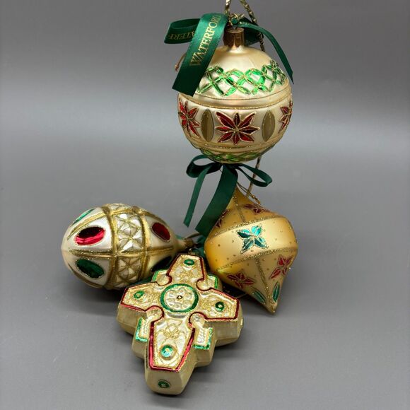 Waterford Holiday Heirlooms Ornament Set Celtic Cross Colleen Egg Poinsettia Top - Picture 1 of 12